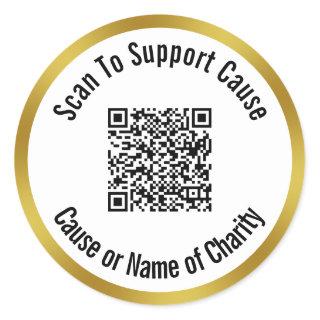 Scan QR Code To Support Cause Charity White & Gold Classic Round Sticker