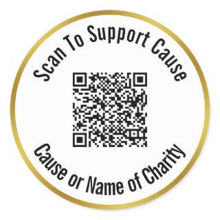 Scan QR Code To Support Cause Charity White & Gold Classic Round Sticker