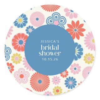 Scandi Boho Folk Flower Blue Bridal Shower  Classic Round Sticker