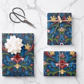 Scandinavian Folk Art Blue Red Floral Pattern  Sheets