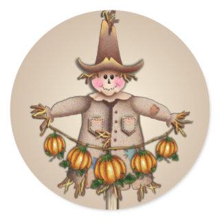 SCARECROW & PUMPKIN GARLAND by SHARON SHARPE Classic Round Sticker