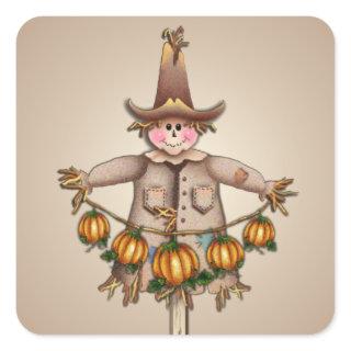 SCARECROW & PUMPKIN GARLAND by SHARON SHARPE Square Sticker