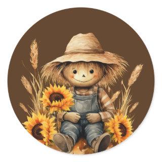Scarecrow with Sunflower  Classic Round Sticker