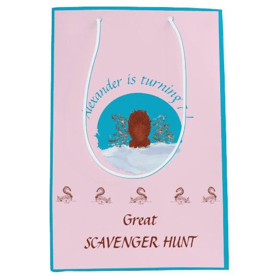 Scavenger hunt fun squirrel digging custom on pink medium gift bag