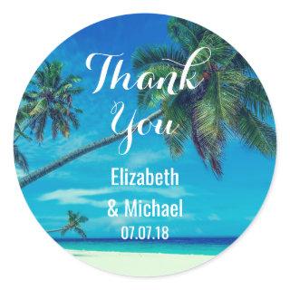 Scenic Coconut Palms Wedding Thanks Classic Round Sticker