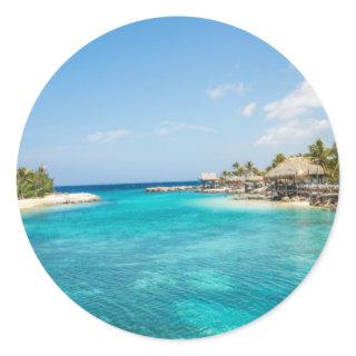 Scenic Tropical Beach with Thatched Huts Photo Classic Round Sticker