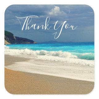 Scenic Turquoise Blue Sea Beach Photo Thank You Square Sticker