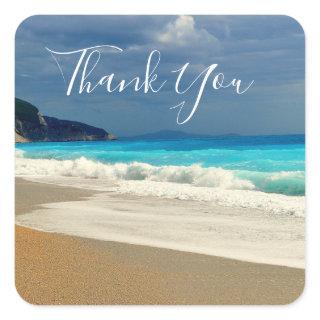 Scenic Turquoise Blue Sea Beach Photo Thank You Square Sticker