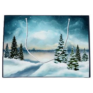 Scenic Winter Wonderland Watercolor Painting Large Gift Bag