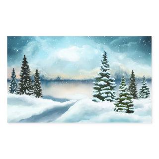 Scenic Winter Wonderland Watercolor Painting Rectangular Sticker
