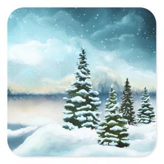 Scenic Winter Wonderland Watercolor Painting Square Sticker