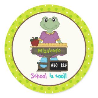 School is cool! Frog at her desk Back to school Classic Round Sticker