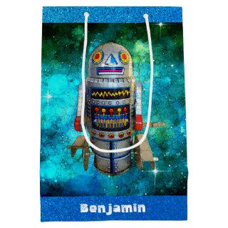 Sci fi retro toy robot blue galaxy custom name medium gift bag