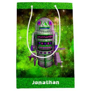 Sci fi retro toy robot green galaxy custom name medium gift bag