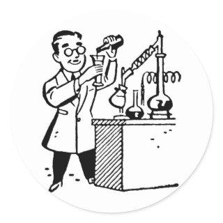 Scientist in Lab Coat Mixing Chemicals Classic Round Sticker