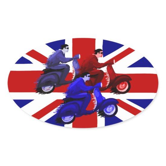 Scooter boy racers on union jack oval sticker