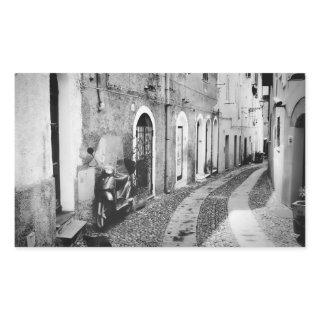 Scooter in a street in Italy in black and white Rectangular Sticker