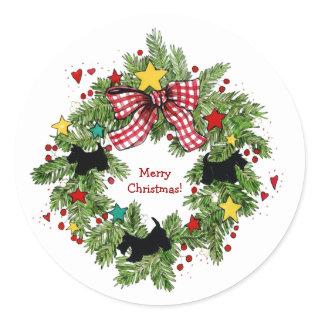 Scottie Wreath Classic Round Sticker