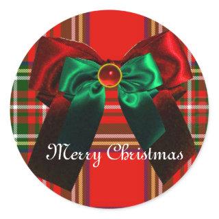 SCOTTISH TARTAN AND RED GREEN BOWS CHRISTMAS PARTY CLASSIC ROUND STICKER