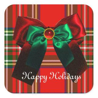 SCOTTISH TARTAN AND RED GREEN BOWS CHRISTMAS PARTY SQUARE STICKER