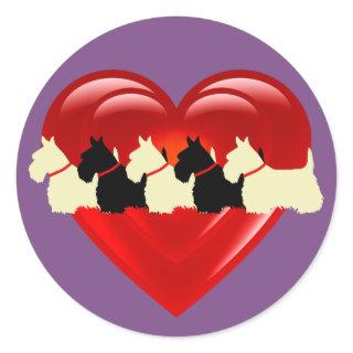 Scottish Terrier black/white double heart/collar Classic Round Sticker
