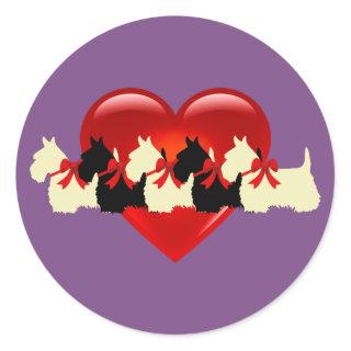 Scottish Terrier black/white silhouette heart /bow Classic Round Sticker
