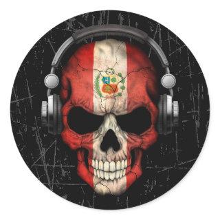 Scratched Peruvian Dj Skull with Headphones Classic Round Sticker