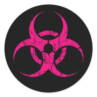 Scratched Pink Biohazard Symbol on Black Classic Round Sticker