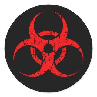 Scratched Red Biohazard Symbol on Black Classic Round Sticker