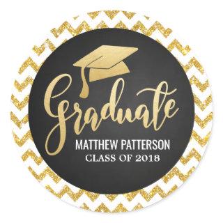 Script Faux Gold Foil Graduate Hat Glitter Chevron Classic Round Sticker