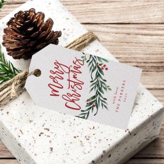 Script merry christmas branch with berries gift tags