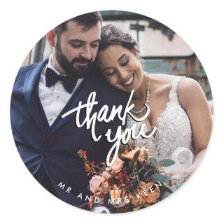 Script Wedding Mr and Mrs Photo Thank You Favor Classic Round Sticker