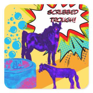 scrubbed trough comic style square sticker