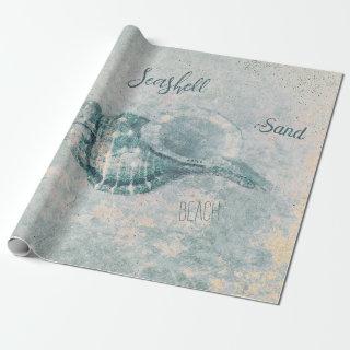 Sea Shell Teal Beige Vintage Ocean Beach Script