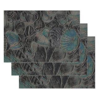 Sea Shells Ocean Beach Teal Black Art Decoupage  Sheets
