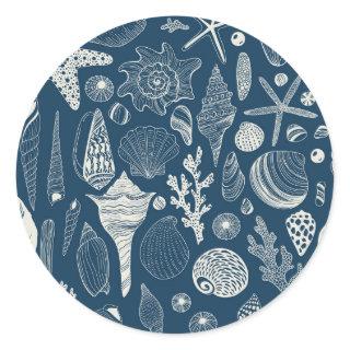 Sea shells on  dark blue classic round sticker