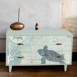 Sea Turtle Beach Blue White Coral Wood Decoupage Tissue Paper