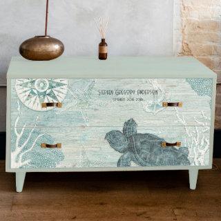 Sea Turtle Beach Blue White Wood Decoupage Name Tissue Paper