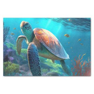 Sea Turtle, Tropical Fish and Coral in Blue Ocean  Tissue Paper