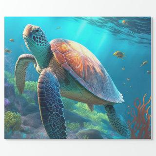 Sea Turtle, Tropical Fish and Coral in Blue Ocean