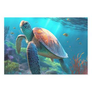 Sea Turtle, Tropical Fish and Coral in Blue Ocean   Sheets