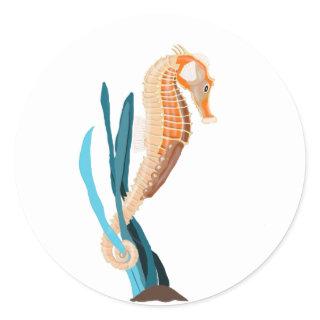 Seahorse tethered on Seaweed Classic Round Sticker