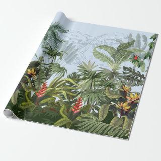Seamless border with jungle trees and flowers. Vin