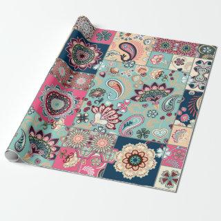 Seamless patchwork background with paisley and flo