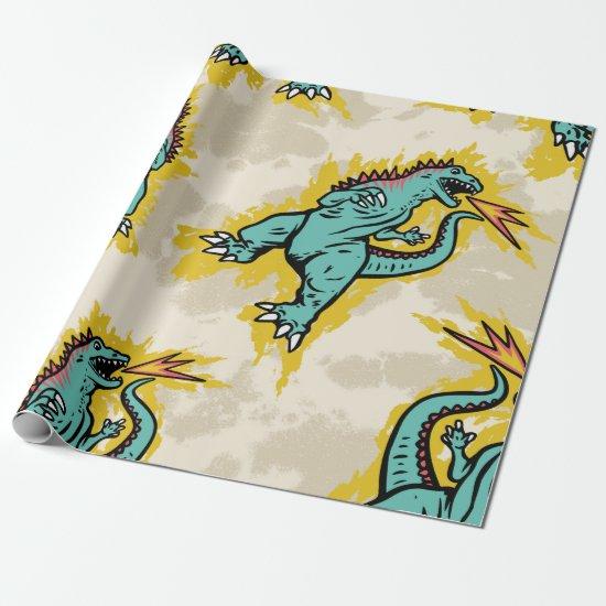 Seamless pattern of a Godzillas and tie dye backgr
