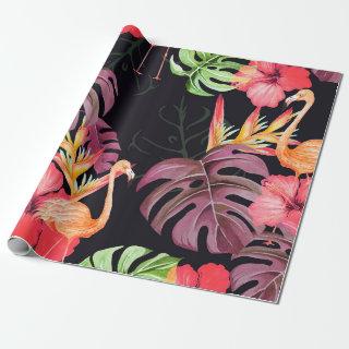 Seamless pattern of hibiscus flower,  flamingos an