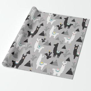 Seamless pattern of llama cactus and mountains