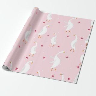 Seamless pattern with cute duck with heart on pink