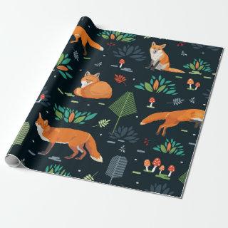 Seamless pattern with Foxes, trees, leaves, mushro