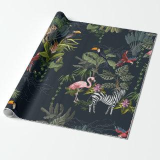 Seamless pattern with jungle animals, flowers and